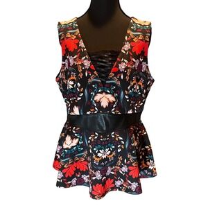 Bisou Bisou Michele Bohbot Dark Floral Peplum Top Faux Leather Waist Black Large